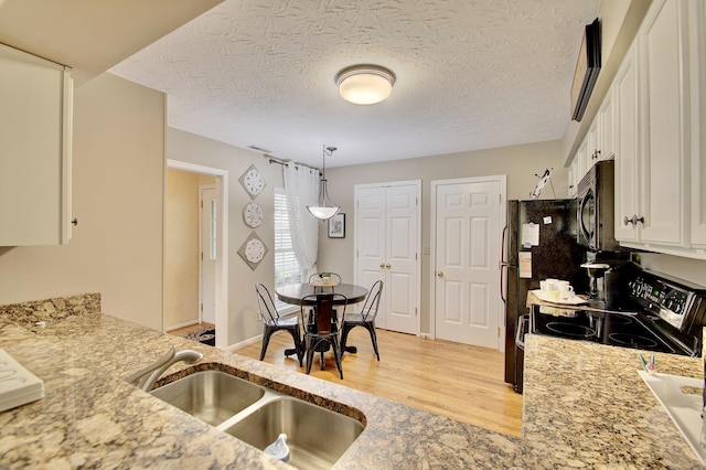 208 Misty Cove Way, Highland Heights, KY 41076 - kitchen featuring light wood-style flooring, white cabinets, electric stove, black microwave, and decorative light fixtures