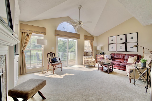 208 Misty Cove Way, Highland Heights, KY 41076 - carpeted living area with a premium fireplace, plenty of natural light, vaulted ceiling, and a ceiling fan