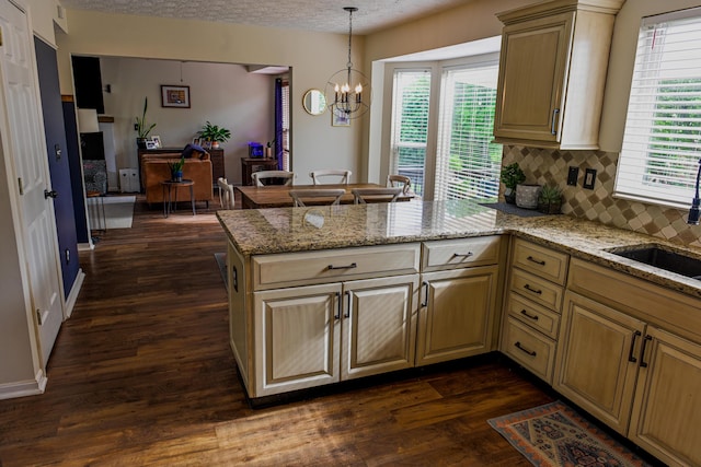 1496 Skye Dr, Independence, KY 41051 - kitchen with a sink, a peninsula, dark wood finished floors, tasteful backsplash, and light stone countertops