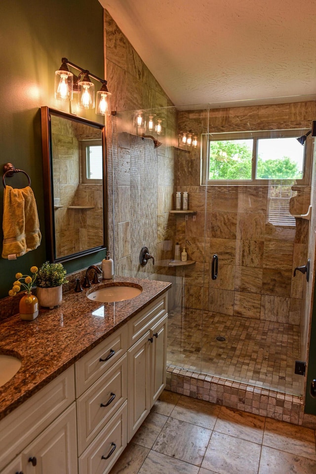 1496 Skye Dr, Independence, KY 41051 - full bathroom with lofted ceiling, double vanity, and a stall shower