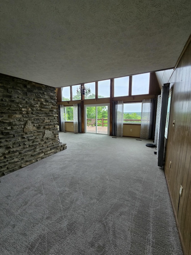 438 Ky Highway 455, Sparta, KY 41086 - unfurnished living room with a textured ceiling, carpet, and wood walls