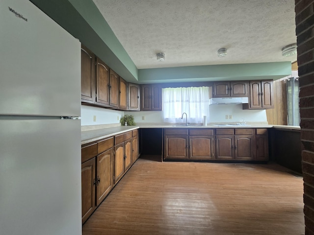 438 Ky Highway 455, Sparta, KY 41086 - kitchen with freestanding refrigerator, under cabinet range hood, a sink, light wood-style flooring, and a textured ceiling