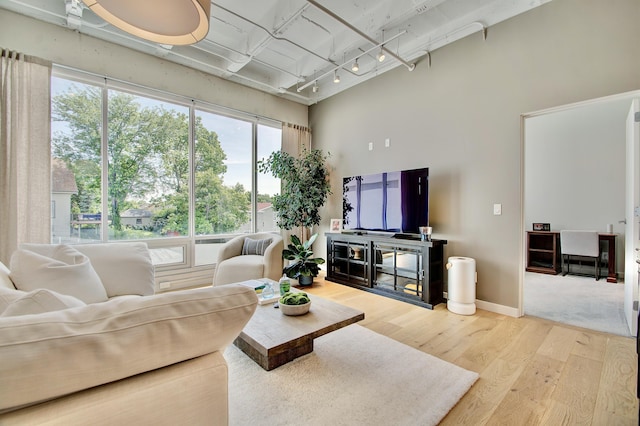 120 Main St Unit 205, Newport, KY 41071 - living area featuring wood finished floors, a high ceiling, baseboards, and rail lighting