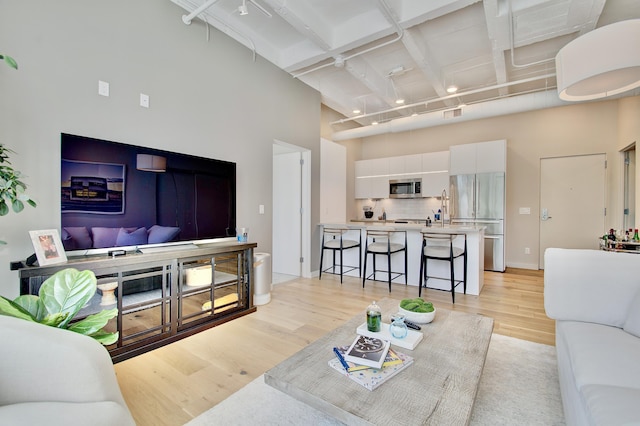 120 Main St Unit 205, Newport, KY 41071 - living room with light wood-style floors, a high ceiling, and baseboards