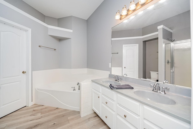 874 Borderlands Dr, Erlanger, KY 41018 - bathroom with a garden tub, wood finished floors, a stall shower, double vanity, and toilet