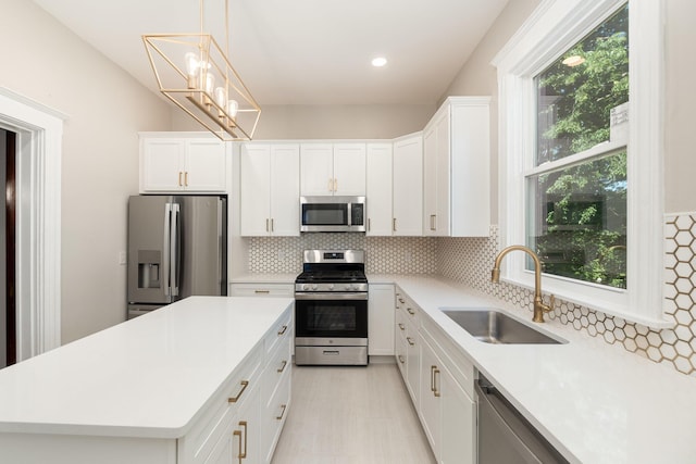 436 Elm St, Ludlow, KY 41016 - kitchen featuring stainless steel appliances, a sink, tasteful backsplash, light countertops, and white cabinetry