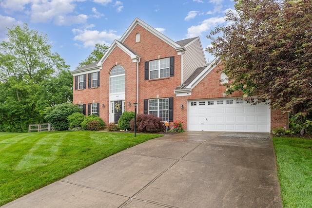 4049 Sherbourne Dr, Independence, KY 41051 - colonial-style house with concrete driveway, brick siding, a front yard, and an attached garage