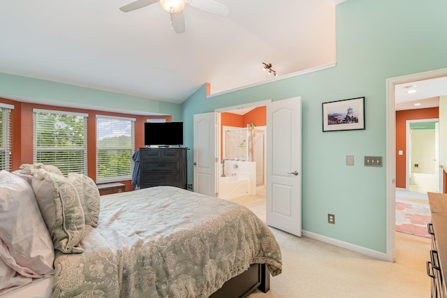 4049 Sherbourne Dr, Independence, KY 41051 - bedroom with vaulted ceiling, light carpet, baseboards, connected bathroom, and a ceiling fan
