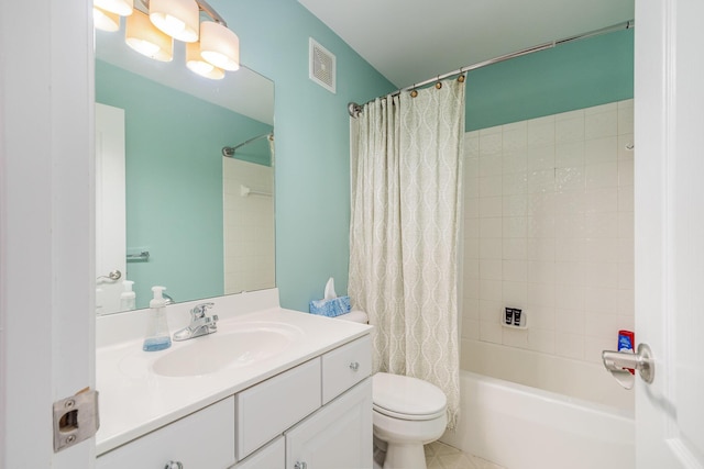 4049 Sherbourne Dr, Independence, KY 41051 - bathroom featuring vanity, shower / bath combo with shower curtain, toilet, and tile patterned flooring