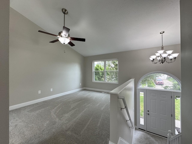 1039 Meadowbrook Ct, Hebron, KY 41048 - foyer featuring vaulted ceiling, baseboards, a chandelier, a ceiling fan, and carpet