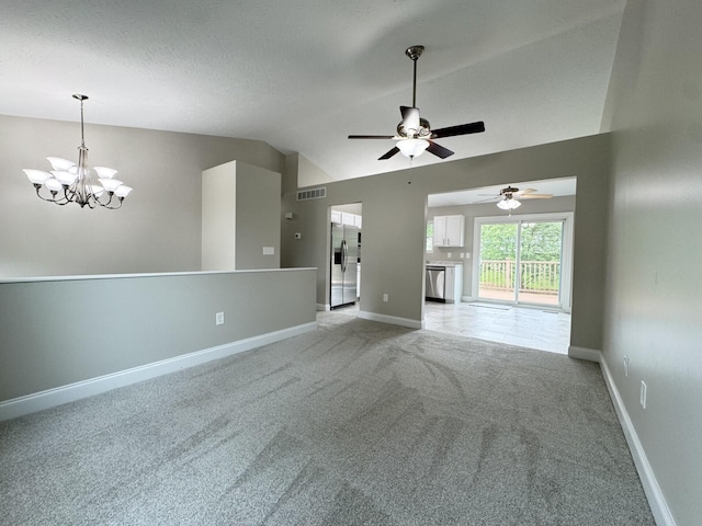 1039 Meadowbrook Ct, Hebron, KY 41048 - unfurnished living room featuring light carpet, vaulted ceiling, a chandelier, baseboards, and a ceiling fan