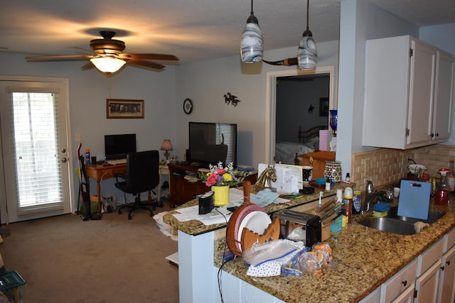 185 Cave Run Dr Unit 5, Erlanger, KY 41018 - kitchen with a sink, tasteful backsplash, light stone countertops, and white cabinetry