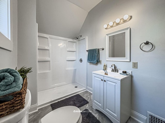 1816 Scott St, Covington, KY 41014 - full bathroom with lofted ceiling, a shower, vanity, toilet, and baseboards