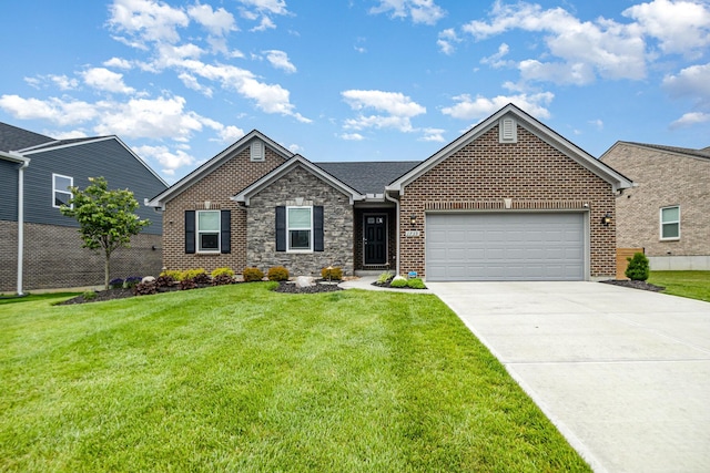 1739 Barons Cv, Hebron, KY 41048 - view of front of property with a garage, driveway, a front yard, brick siding, and stone siding