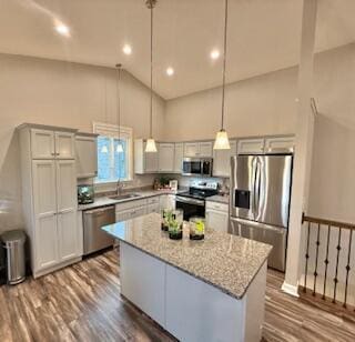 1739 Barons Cv, Hebron, KY 41048 - kitchen with stainless steel appliances, a center island, a sink, dark wood finished floors, and high vaulted ceiling