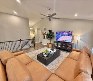 1739 Barons Cv, Hebron, KY 41048 - living room with vaulted ceiling, recessed lighting, and a ceiling fan
