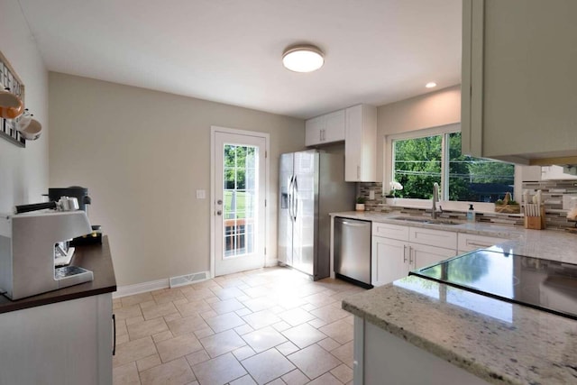 3416 Meadowlark Dr, Edgewood, KY 41018 - kitchen with appliances with stainless steel finishes, tasteful backsplash, a sink, white cabinets, and light stone counters