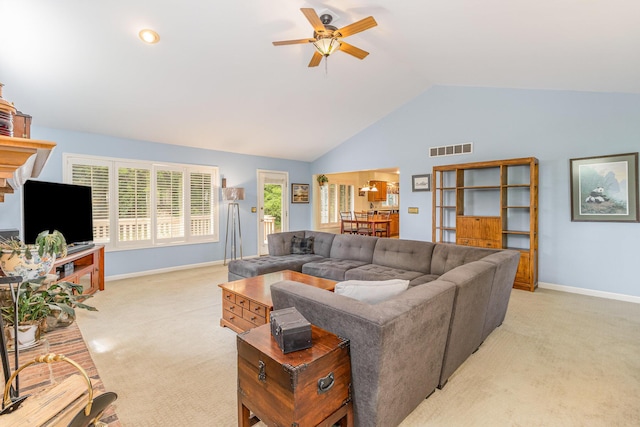 816 Winterberry Ct, Villa Hills, KY 41017 - living area featuring light colored carpet, ceiling fan, baseboards, and high vaulted ceiling