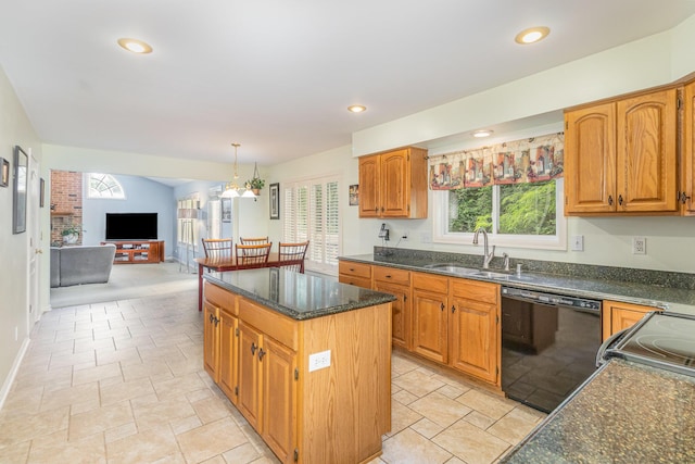 816 Winterberry Ct, Villa Hills, KY 41017 - kitchen with dishwasher, a sink, a kitchen island, dark stone countertops, and open floor plan