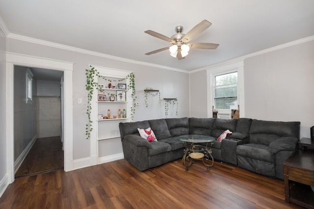622 W 12th St, Covington, KY 41011 - living room with wood finished floors, ornamental molding, a ceiling fan, and baseboards