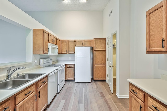 328 Deepwoods Dr, Highland Heights, KY 41076 - kitchen featuring white appliances, a sink, light wood-style floors, high vaulted ceiling, and light countertops
