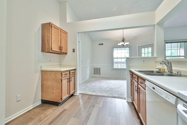 328 Deepwoods Dr, Highland Heights, KY 41076 - kitchen with white dishwasher, a sink, light wood finished floors, a chandelier, and light countertops