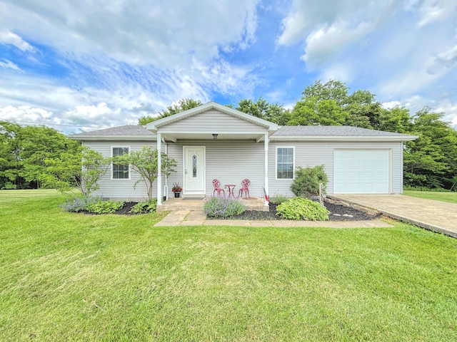 15295 Parkers Grove Rd, Morning View, KY 41063 - ranch-style home with a garage, driveway, a front lawn, covered porch, and roof with shingles
