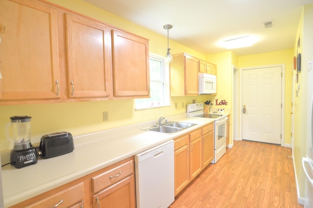 15295 Parkers Grove Rd, Morning View, KY 41063 - kitchen with white appliances, a sink, light wood-type flooring, light countertops, and light brown cabinets