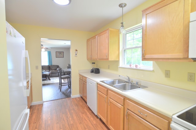 15295 Parkers Grove Rd, Morning View, KY 41063 - kitchen featuring white appliances, a sink, light brown cabinetry, light wood-style flooring, and light countertops