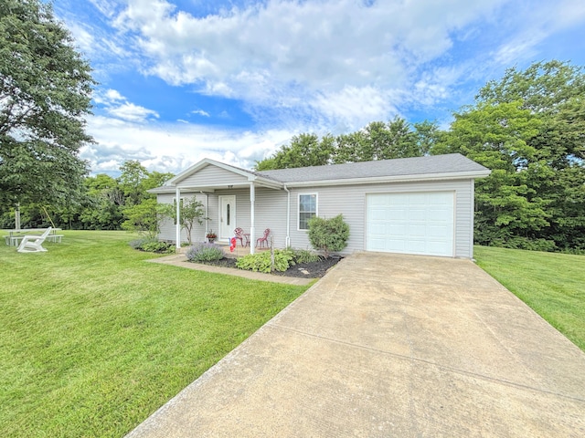 15295 Parkers Grove Rd, Morning View, KY 41063 - ranch-style home with an attached garage, a front lawn, concrete driveway, and covered porch