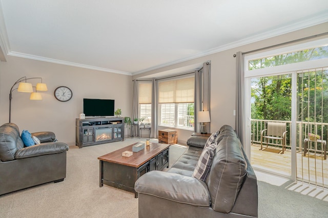 315 Shadow Ridge Dr, Highland Heights, KY 41076 - living area featuring carpet flooring, ornamental molding, plenty of natural light, and a glass covered fireplace