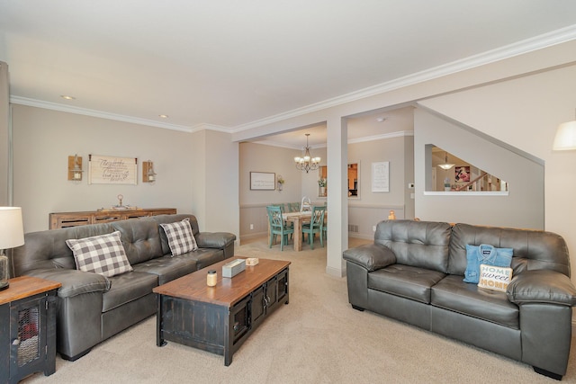 315 Shadow Ridge Dr, Highland Heights, KY 41076 - living area featuring a chandelier, light colored carpet, and ornamental molding