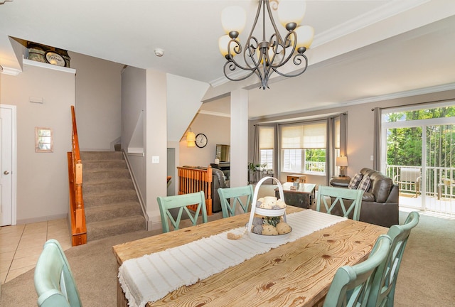 315 Shadow Ridge Dr, Highland Heights, KY 41076 - dining space featuring light colored carpet, stairs, ornamental molding, a chandelier, and light tile patterned flooring