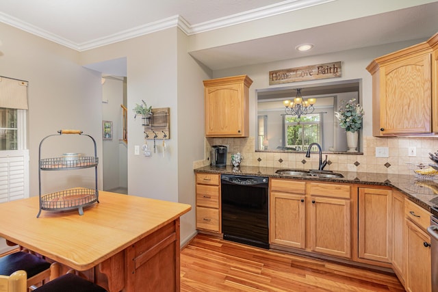 315 Shadow Ridge Dr, Highland Heights, KY 41076 - kitchen with dishwasher, a sink, light wood-type flooring, a chandelier, and decorative backsplash