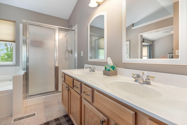 315 Shadow Ridge Dr, Highland Heights, KY 41076 - full bath with double vanity, a stall shower, a bath, and tile patterned flooring