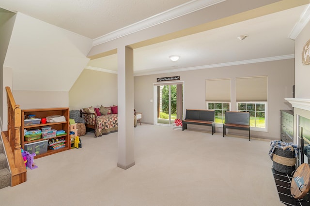 315 Shadow Ridge Dr, Highland Heights, KY 41076 - game room featuring carpet, ornamental molding, and a fireplace