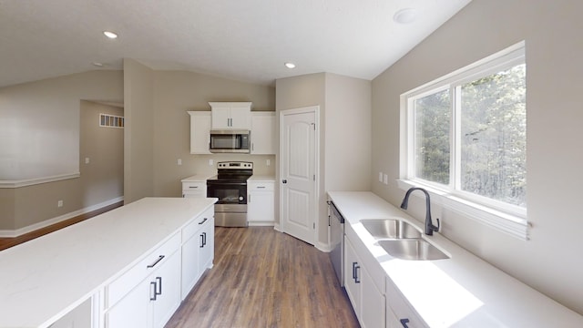489 Eagle Creek Dr, Dry Ridge, KY 41035 - kitchen featuring appliances with stainless steel finishes, a sink, wood finished floors, vaulted ceiling, and white cabinetry