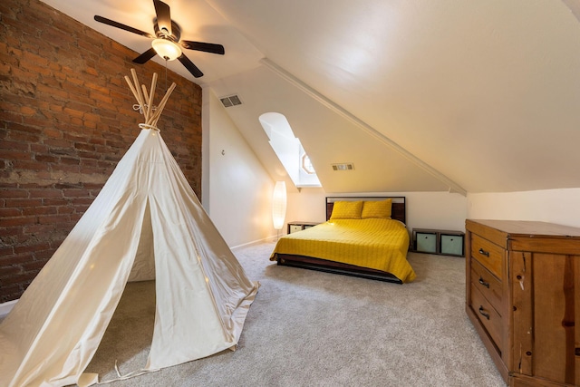 411 Elm St, Ludlow, KY 41016 - carpeted bedroom with brick wall, ceiling fan, and lofted ceiling