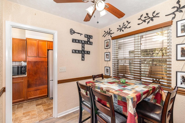 304 Humes Ridge Rd, Williamstown, KY 41097 - dining space featuring a textured wall, a ceiling fan, baseboards, and light stone finish flooring
