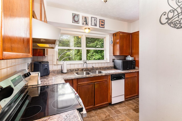 304 Humes Ridge Rd, Williamstown, KY 41097 - kitchen with stainless steel electric range oven, a sink, black microwave, decorative backsplash, and white dishwasher