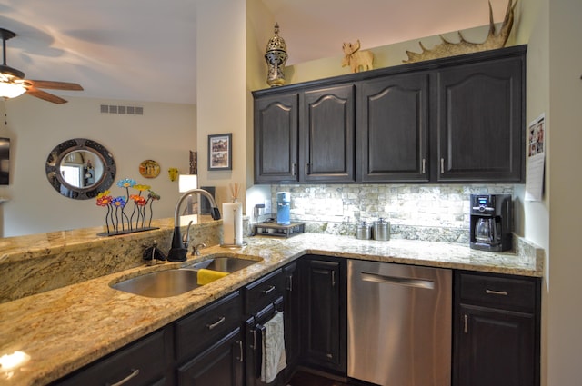 1940 Marktwain Way, Villa Hills, KY 41017 - kitchen featuring dishwasher, a sink, ceiling fan, and light stone counters