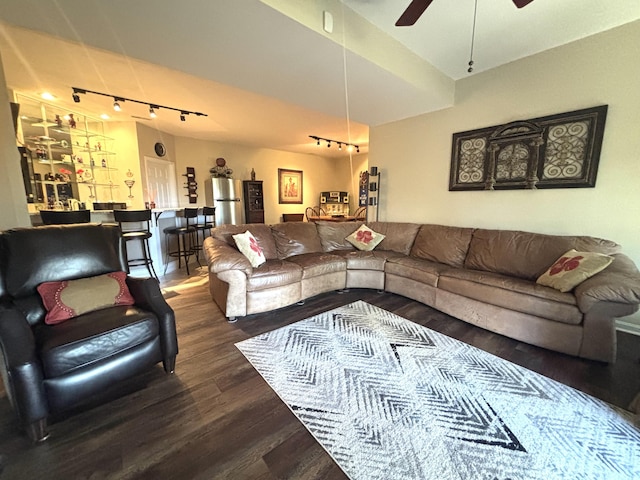 1940 Marktwain Way, Villa Hills, KY 41017 - living area featuring rail lighting, wood finished floors, ceiling fan, and a bar