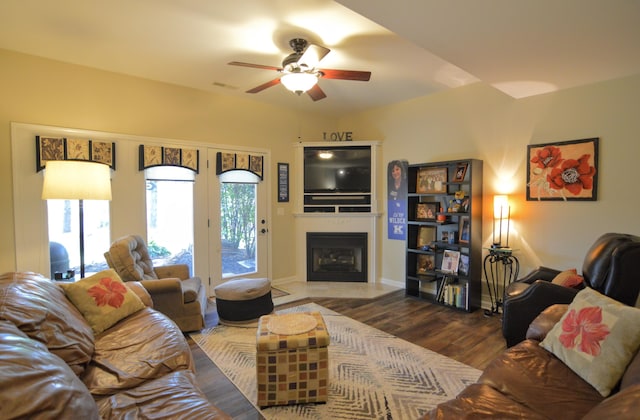 1940 Marktwain Way, Villa Hills, KY 41017 - living area with a ceiling fan, wood finished floors, a fireplace with flush hearth, and baseboards