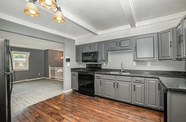 3776 Feather Ln, Elsmere, KY 41018 - kitchen featuring black appliances, a sink, gray cabinets, dark countertops, and beamed ceiling