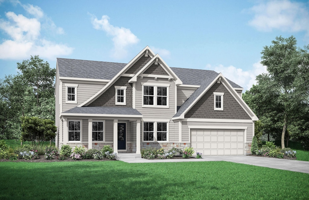 3828 Sherbourne Dr, Independence, KY 41051 - craftsman-style home with concrete driveway, a front lawn, roof with shingles, and stone siding