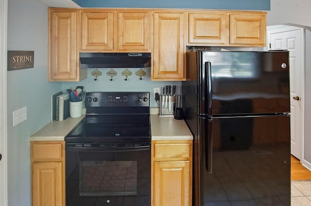 8347 Riley Rd, Alexandria, KY 41001 - kitchen featuring black appliances, under cabinet range hood, light countertops, and light brown cabinetry