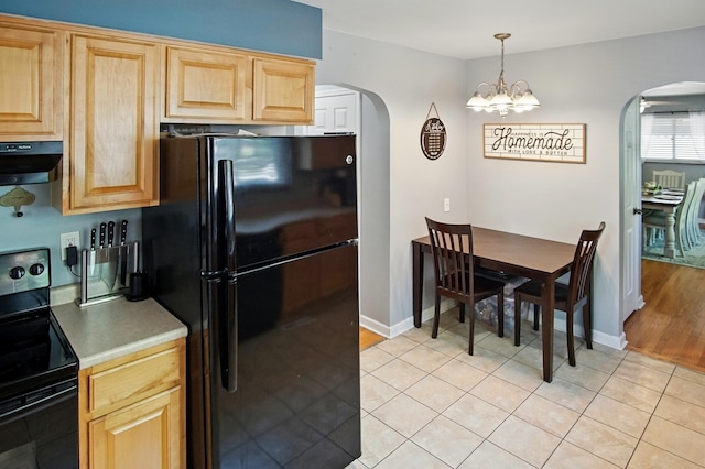 8347 Riley Rd, Alexandria, KY 41001 - kitchen featuring black appliances, arched walkways, ventilation hood, and a chandelier