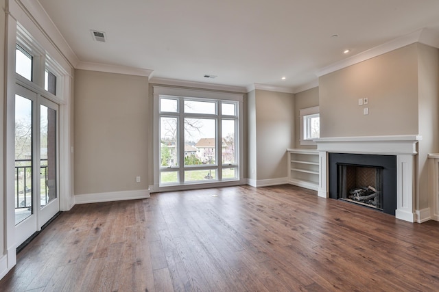 1 Highland Ave Unit 208, Fort Thomas, KY 41075 - unfurnished living room featuring hardwood / wood-style floors, baseboards, crown molding, a fireplace, and recessed lighting
