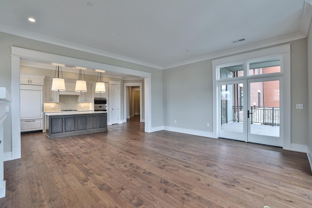 1 Highland Ave Unit 208, Fort Thomas, KY 41075 - unfurnished living room with ornamental molding, dark wood-type flooring, french doors, and baseboards