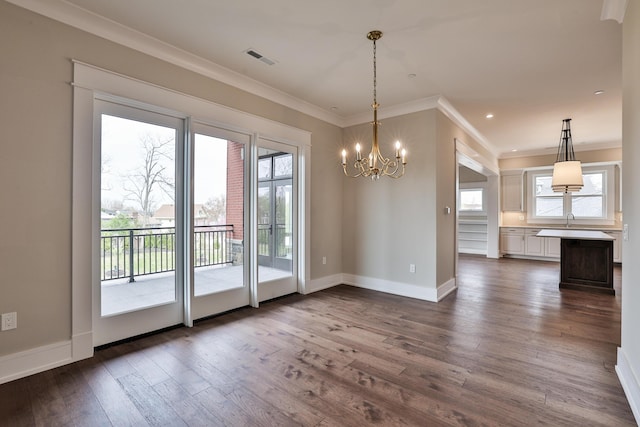 1 Highland Ave Unit 208, Fort Thomas, KY 41075 - unfurnished dining area with dark wood-style flooring, a chandelier, ornamental molding, baseboards, and a sink